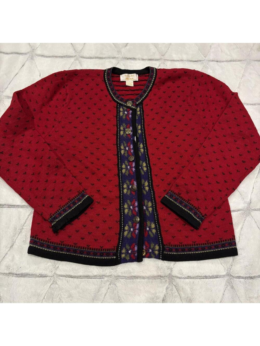 Tally-ho Women's Red Boiled Wool Floral Button Cardigan Sweater large